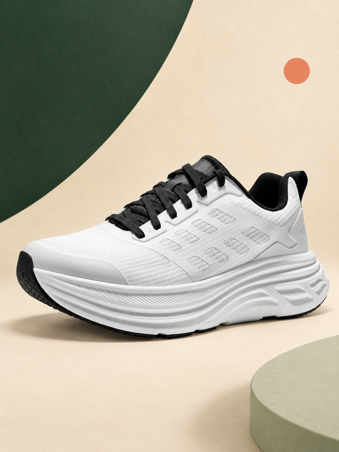 NORTIV 8 women’s running shoe on a cream and dark-green Verdosa studio background