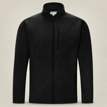 33,000ft men's full-zip fleece jacket in black, front view on a warm studio background