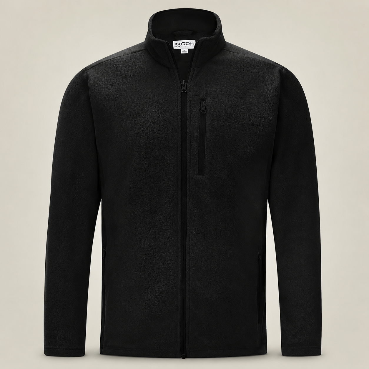 33,000ft men's full-zip fleece jacket in black, front view on a warm studio background