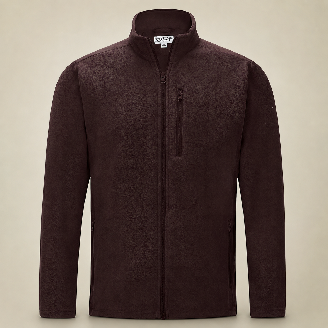 33,000ft men's full-zip fleece jacket in brown, front view on a warm studio background