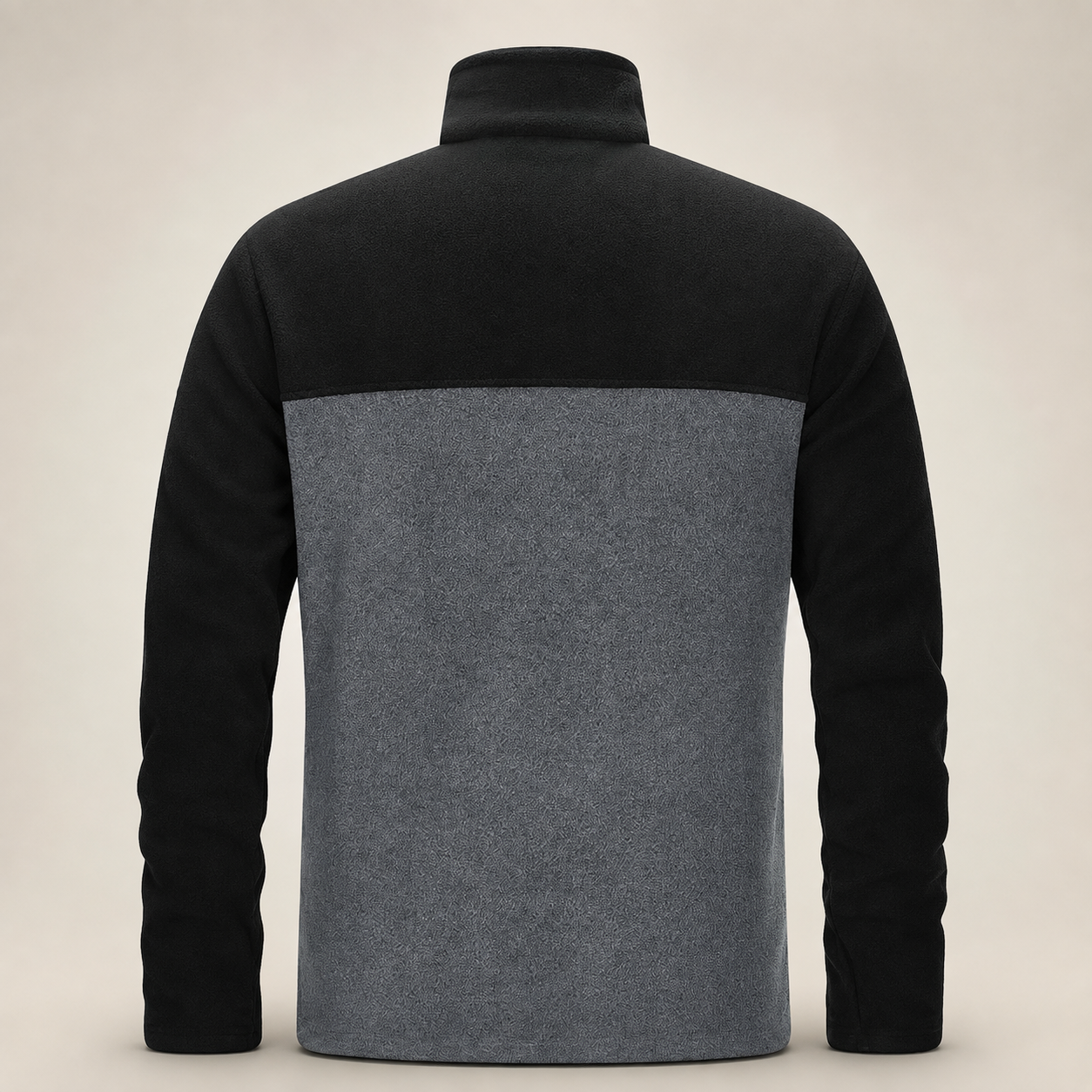 33,000ft men's colour-block fleece jacket in gray and black, back view on a warm studio background