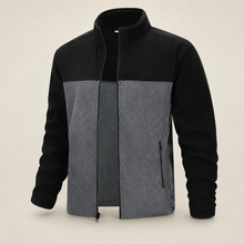 33,000ft men's colour-block fleece jacket in gray and black, front view on a warm studio background