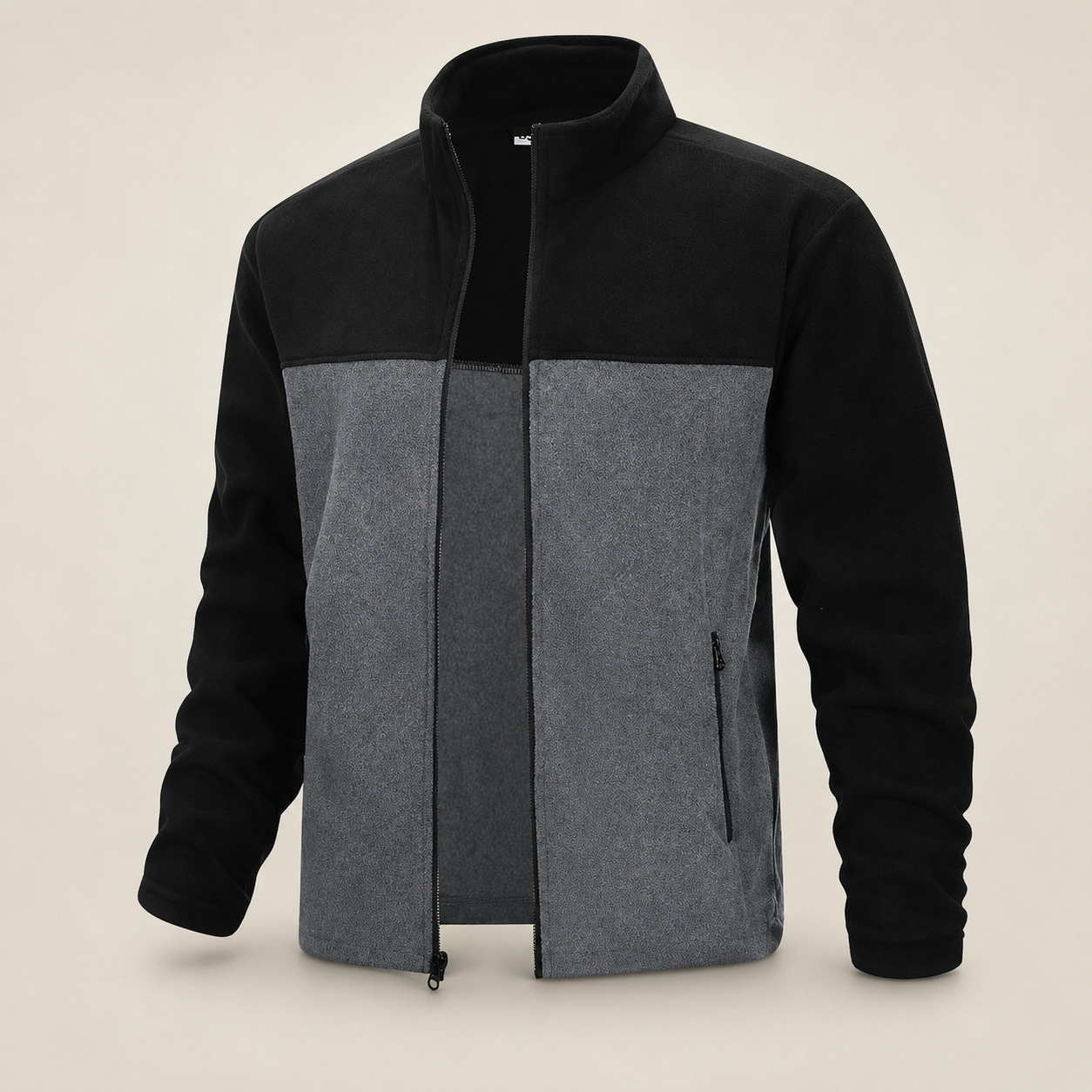 33,000ft men's colour-block fleece jacket in gray and black, front view on a warm studio background