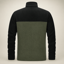 33,000ft men's colour-block fleece jacket in green and black, back view on a warm studio background