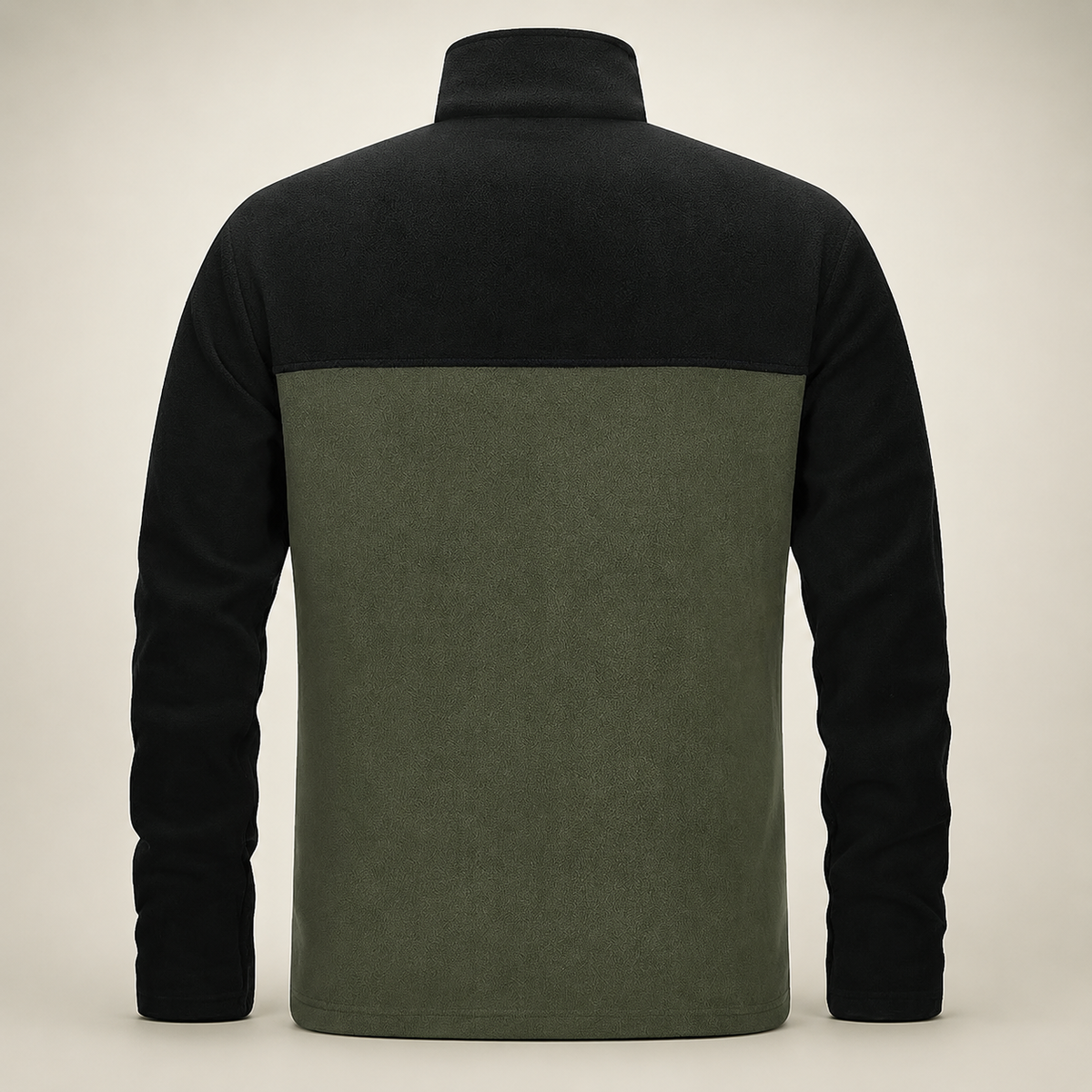 33,000ft men's colour-block fleece jacket in green and black, back view on a warm studio background