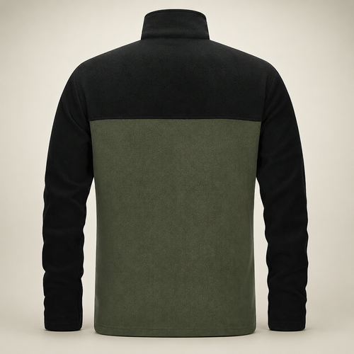 33,000ft men's colour-block fleece jacket in green and black, back view on a warm studio background