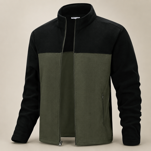 33,000ft men's colour-block fleece jacket in green and black, front view on a warm studio background
