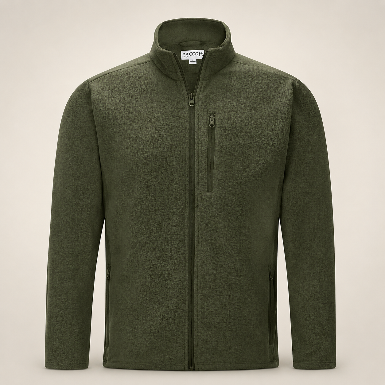 33,000ft men's full-zip fleece jacket in green, front view on a warm studio background