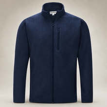33,000ft men's full-zip fleece jacket in navy, front view on a warm studio background