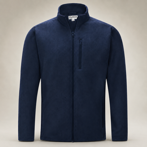 33,000ft men's full-zip fleece jacket in navy, front view on a warm studio background