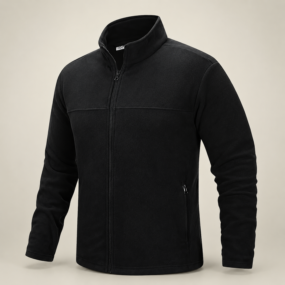 33,000ft men's fleece jacket in black, front view on a warm studio background