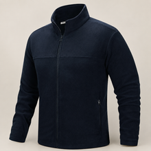 33,000ft men's fleece jacket in navy, front view on a warm studio background