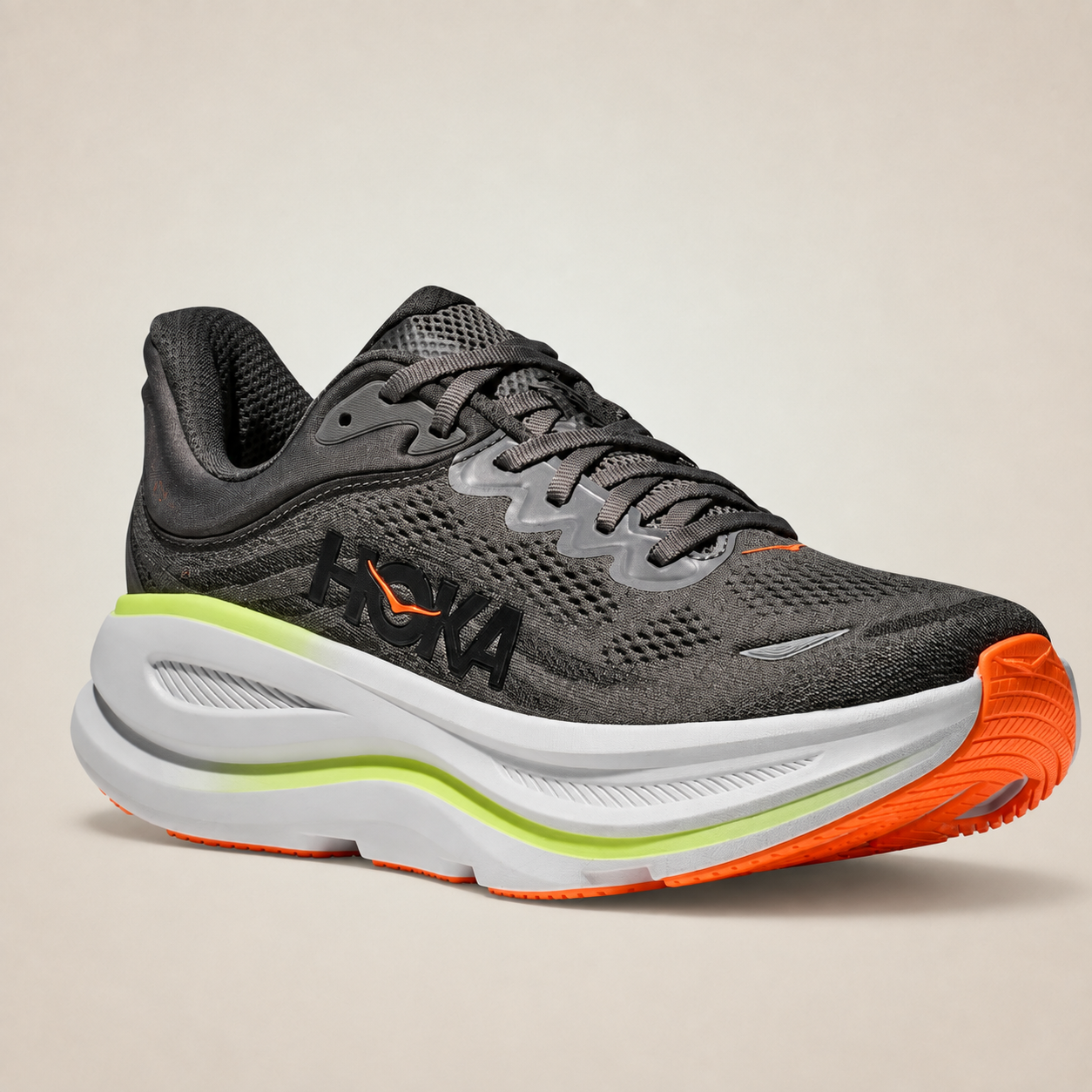 Men’s Charcoal HOKA Bondi 9 — front three-quarter outer side view