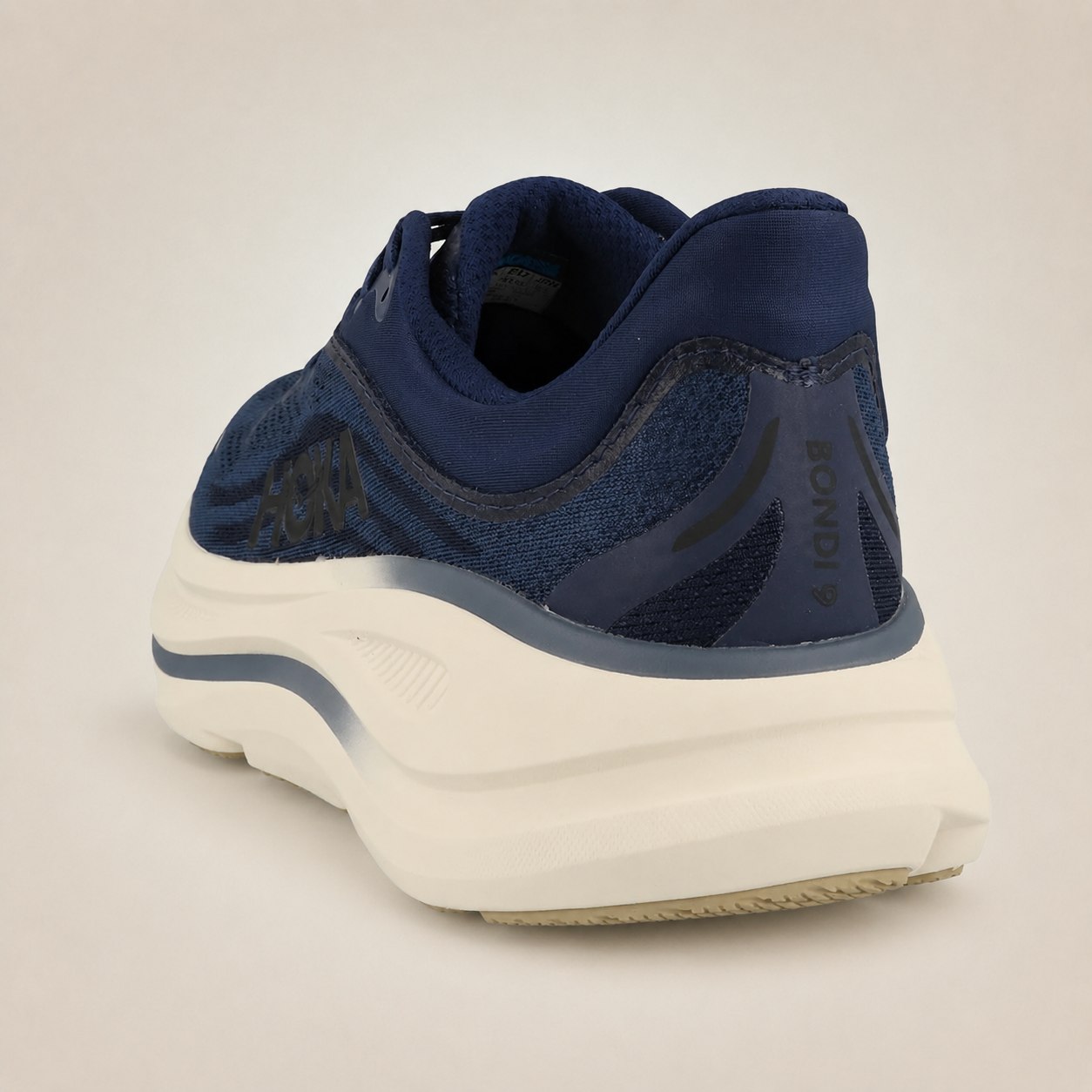 Men’s Navy HOKA Bondi 9 — rear three-quarter view