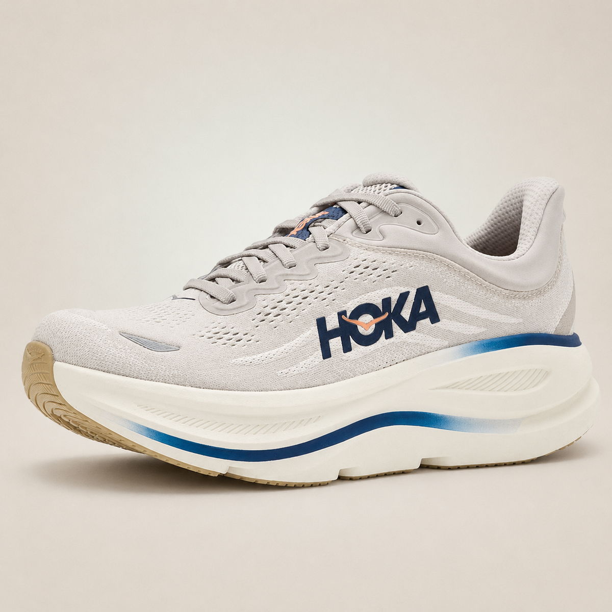 Men’s White HOKA Bondi 9 — front three-quarter outer side view