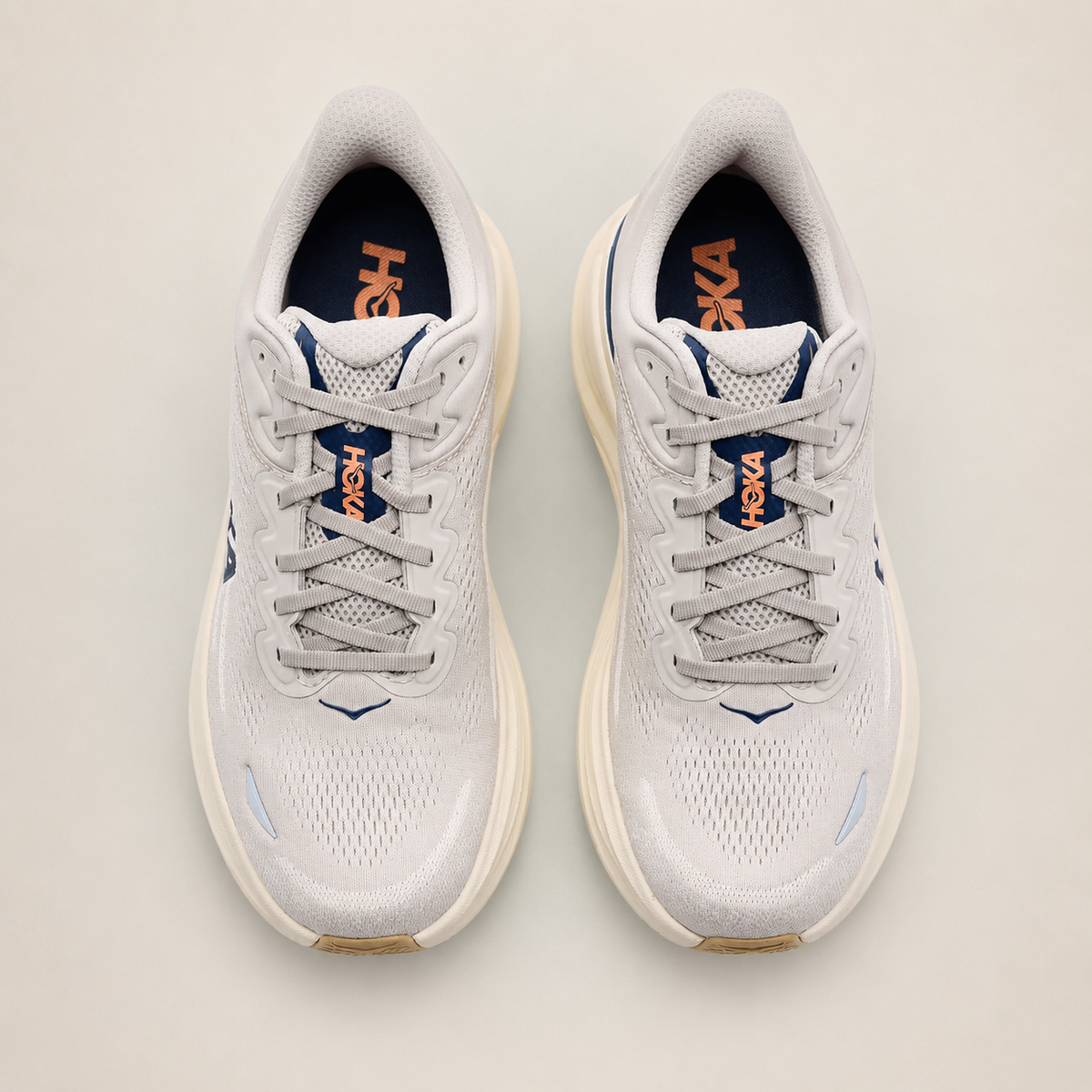 Pair of Men’s White HOKA Bondi 9 — top view