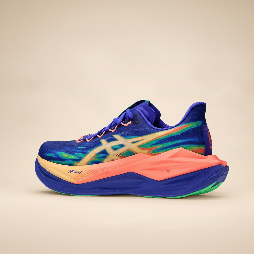 ASICS Superblast 3 Blue/Coral — rear angled pair studio view